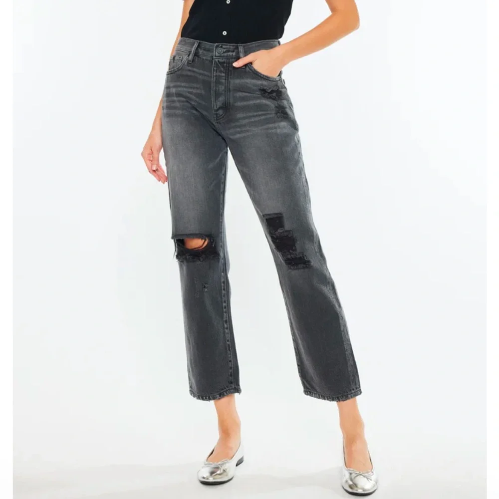 KanCan 90's Boyfriend Ultra High Rise Jeans Distressed Gray Ankle Straight Leg